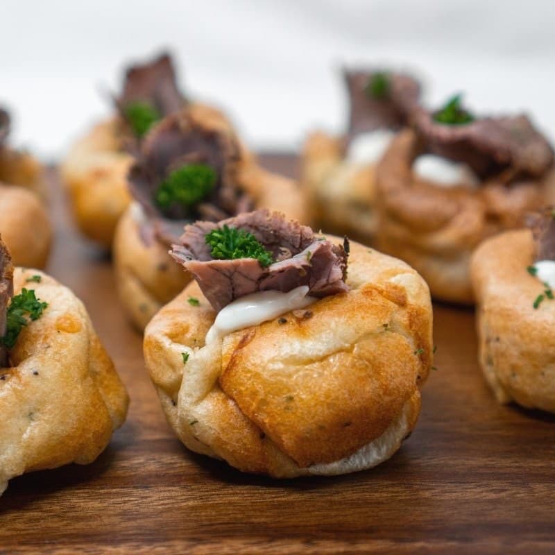 A mini Yorkshire pudding stuffed with roast beef